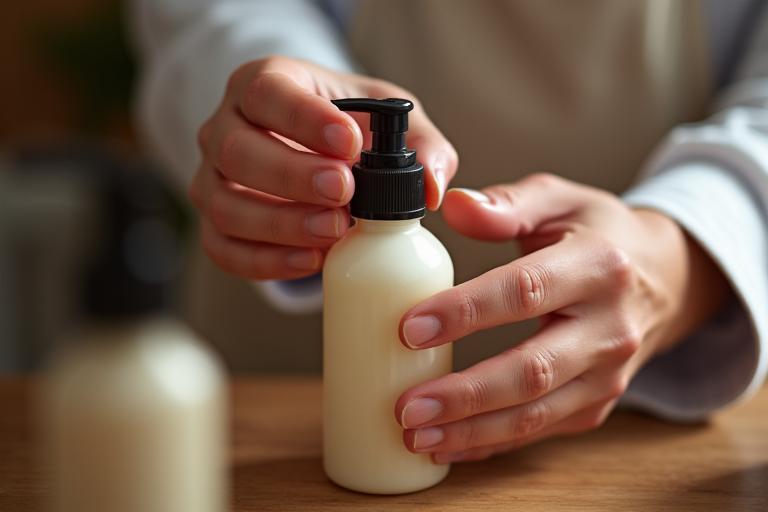 職人が繊細な手つきで化粧水を手作業で充填している