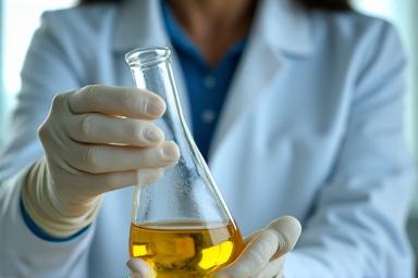 研究者がフラスコで植物エキスを抽出している様子